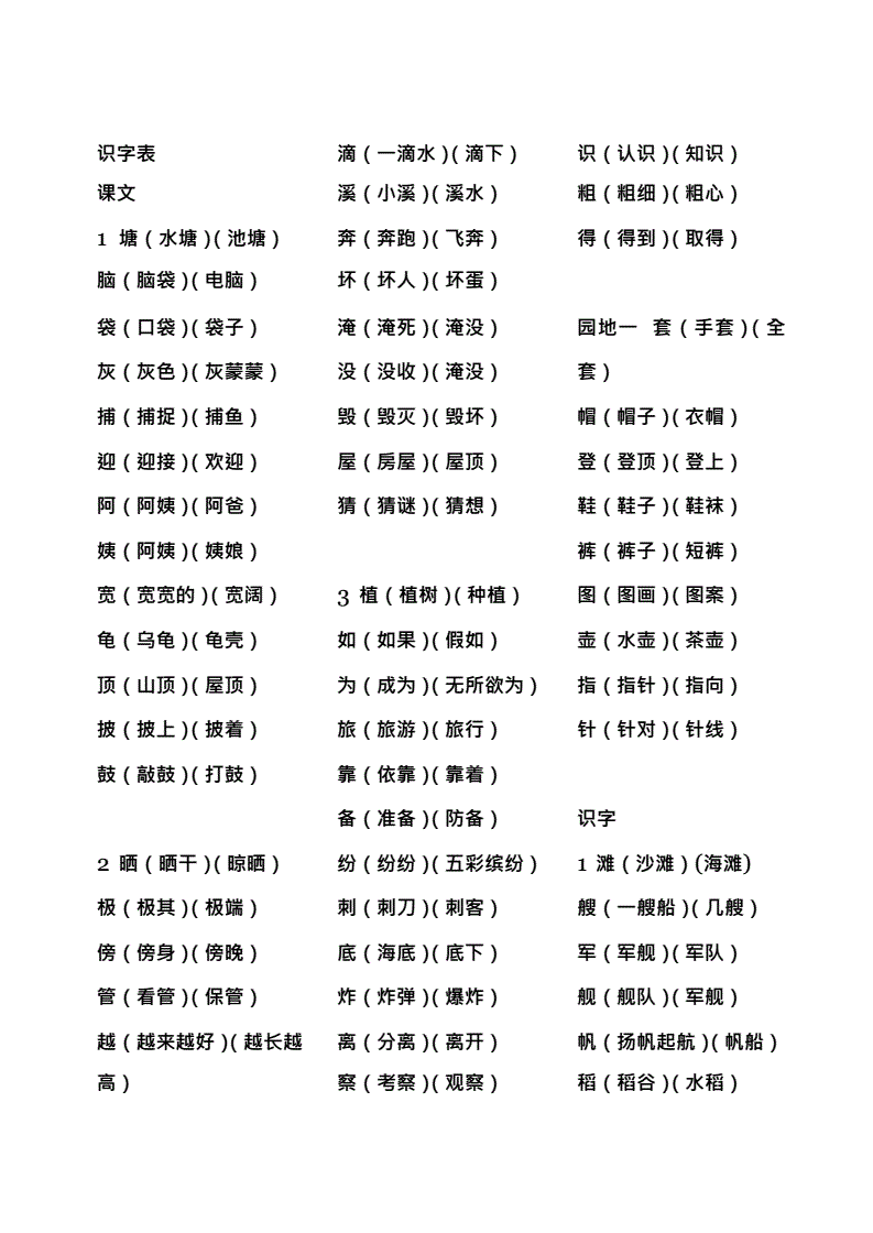 二年级上册语文生字表(二年级上册语文生字表打印版)